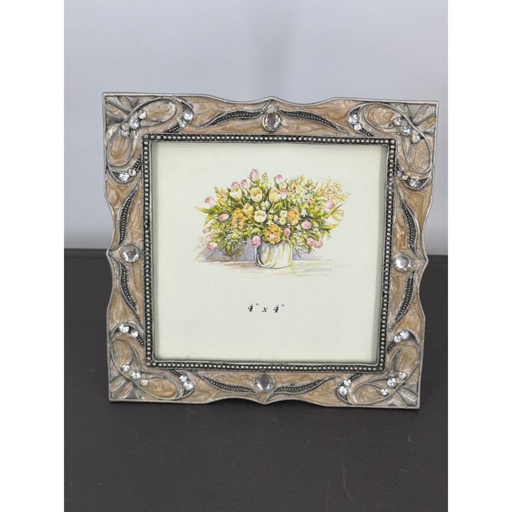S.K. Ornate Enamel and Rhinestone Square Picture Frame 4x4 Champagne Silver Tone